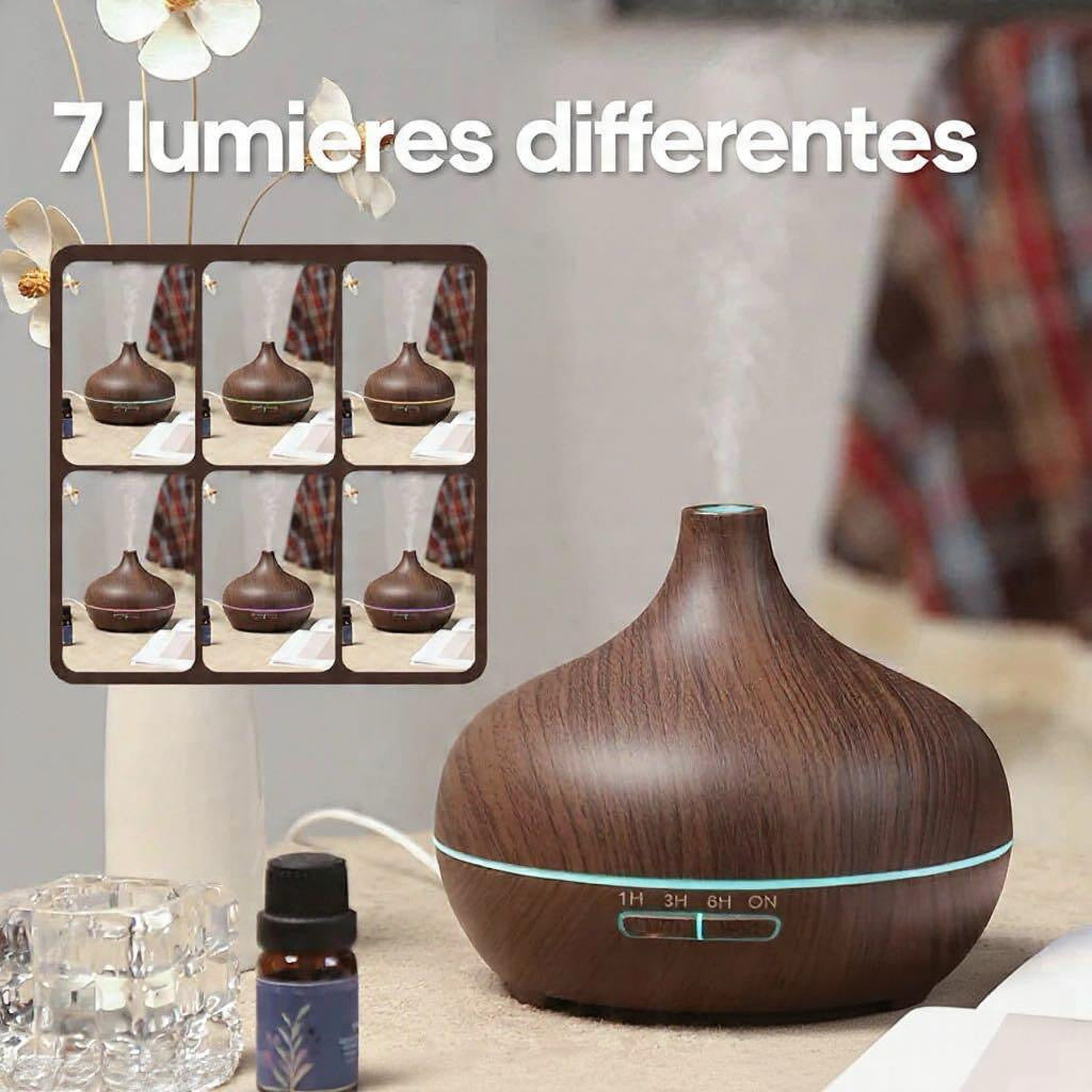 Diffuseur d'huiles Essentielles Bois 400ml- Humidificateur LED 7 Couleurs