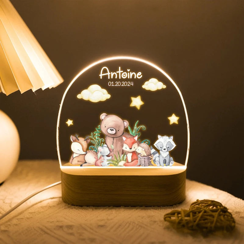 Veilleuse Forêt Enchantée Personnalisée – Prénom Bébé | Cadeau Naissance Original